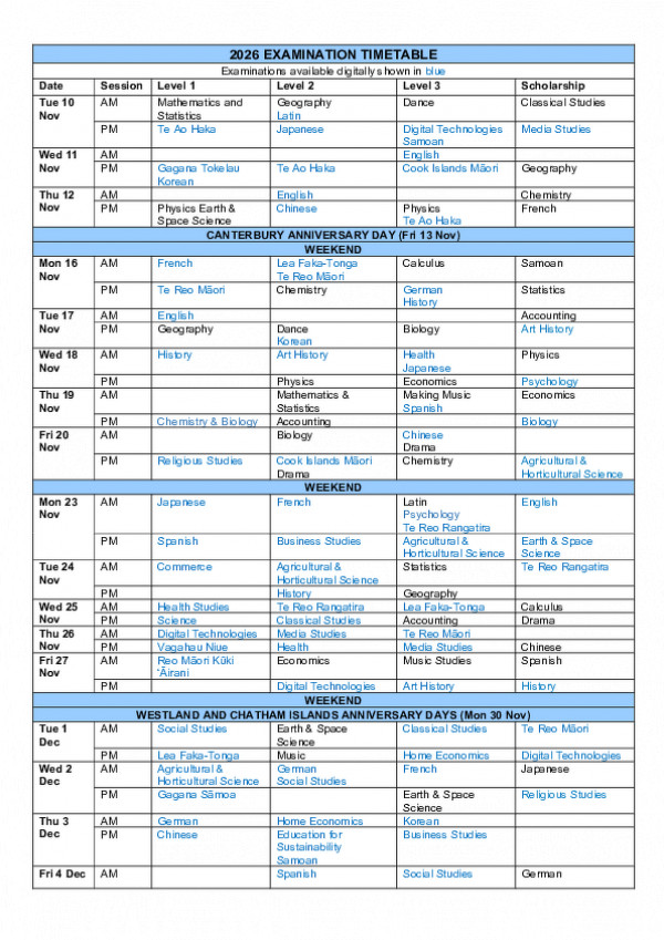 2026 Exam Timetable